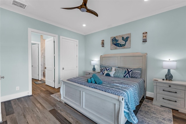 bedroom featuring dark wood-type flooring and ceiling fan