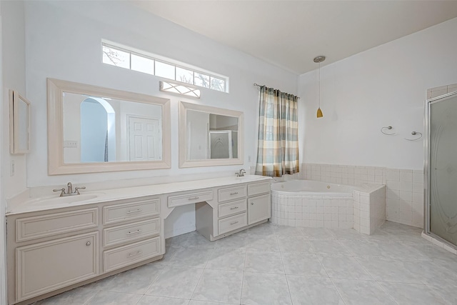 bathroom with vanity, tile patterned floors, and plus walk in shower