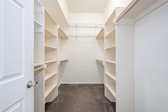 spacious closet featuring dark carpet