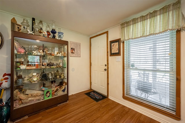 entryway featuring wood finished floors and baseboards