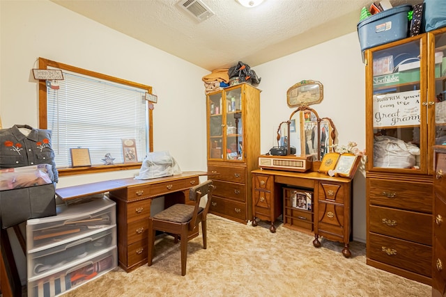 office space with a textured ceiling, visible vents, and light colored carpet