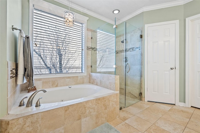 bathroom featuring tile patterned flooring, shower with separate bathtub, ornamental molding, and a healthy amount of sunlight