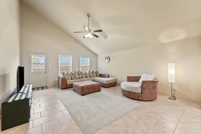 tiled living room with high vaulted ceiling and ceiling fan