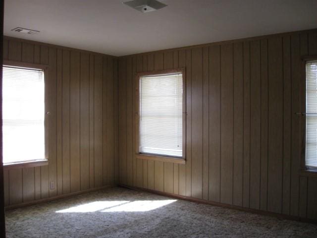 unfurnished room with carpet, a healthy amount of sunlight, and wood walls