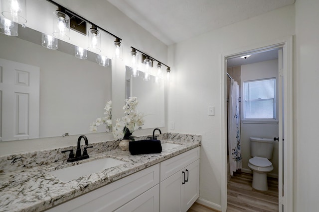 bathroom featuring vanity, toilet, and hardwood / wood-style floors