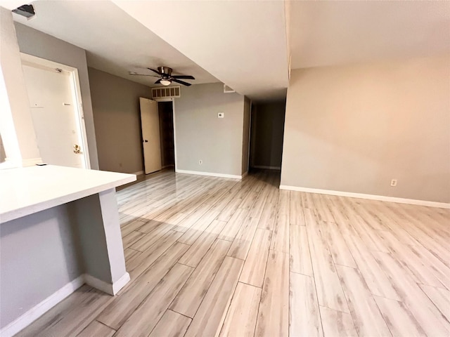 unfurnished living room featuring ceiling fan and light hardwood / wood-style flooring