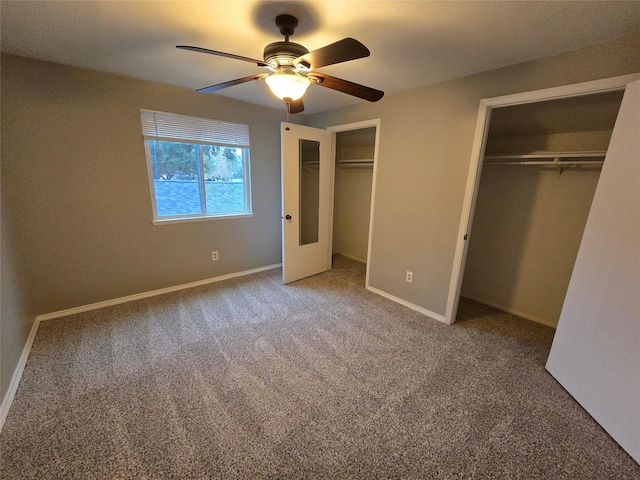 unfurnished bedroom with carpet floors and ceiling fan