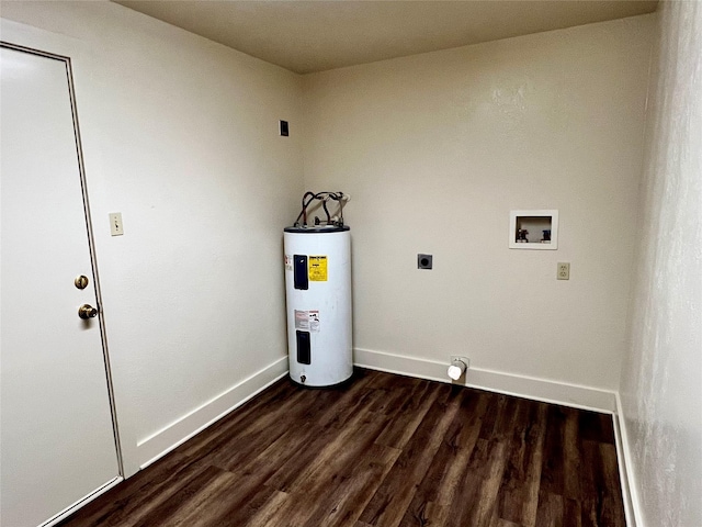 washroom featuring washer hookup, electric dryer hookup, dark hardwood / wood-style flooring, and water heater