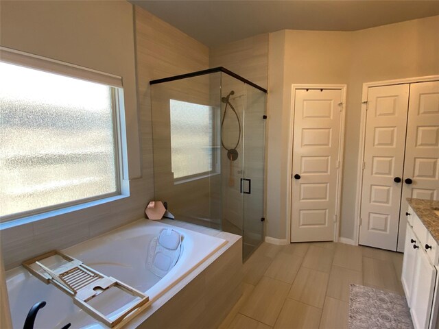 bathroom featuring vanity, a healthy amount of sunlight, and a shower with shower door