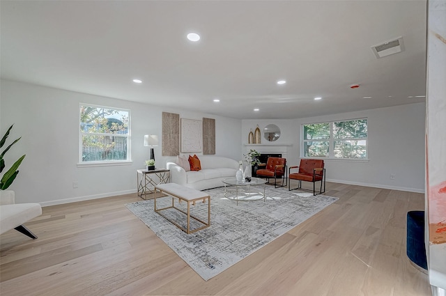 living room with plenty of natural light and light hardwood / wood-style flooring