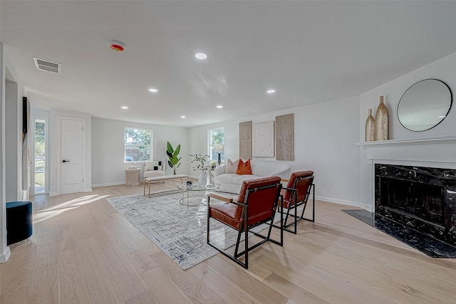 living room with a premium fireplace and light wood-type flooring