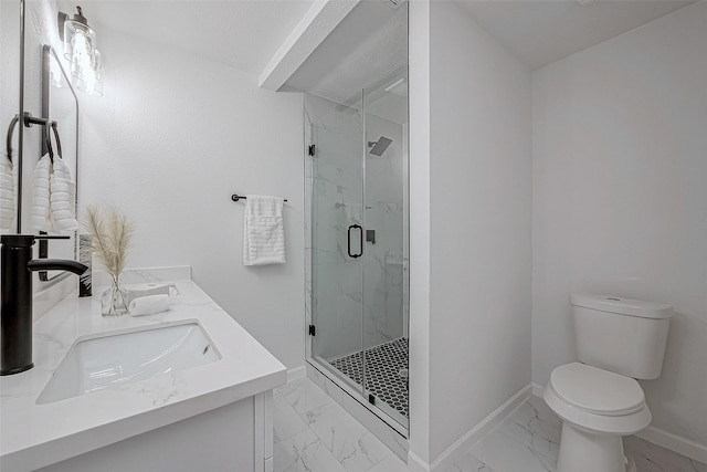 bathroom with walk in shower, vanity, and toilet