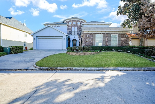 view of front of property featuring a garage and a front lawn