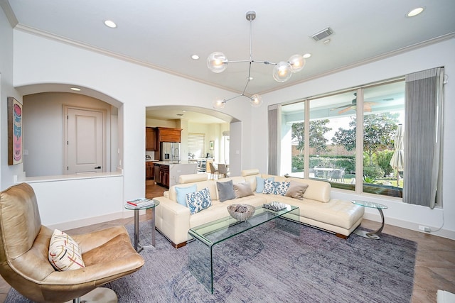 living room with crown molding