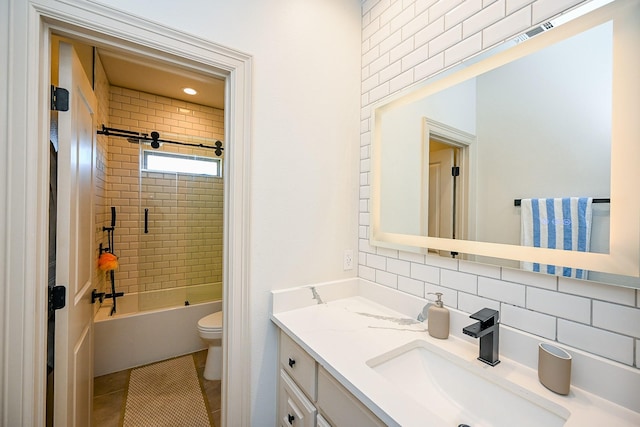 full bathroom featuring toilet, tasteful backsplash, tiled shower / bath, vanity, and tile patterned flooring