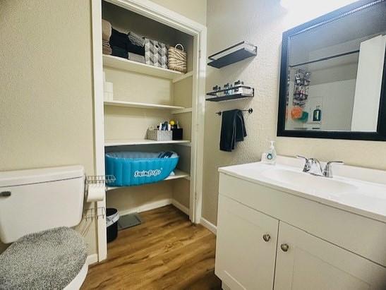 bathroom with vanity, wood-type flooring, and toilet