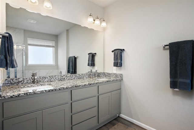 bathroom with vanity, hardwood / wood-style floors, and a shower with shower door