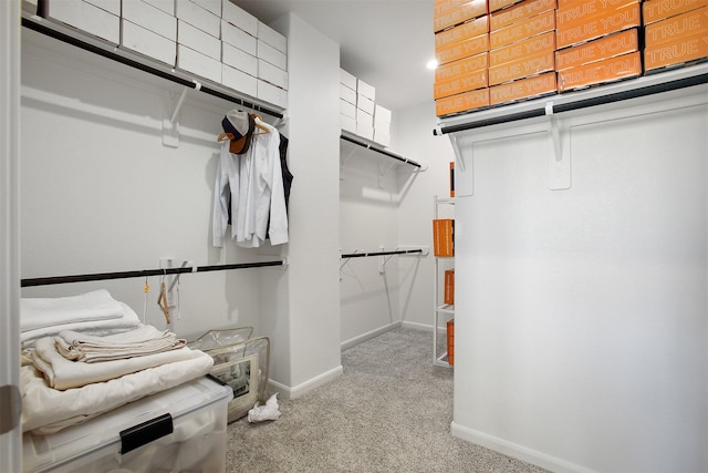 walk in closet featuring light colored carpet