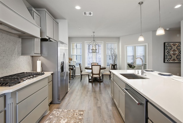 kitchen with sink, tasteful backsplash, hanging light fixtures, appliances with stainless steel finishes, and gray cabinets