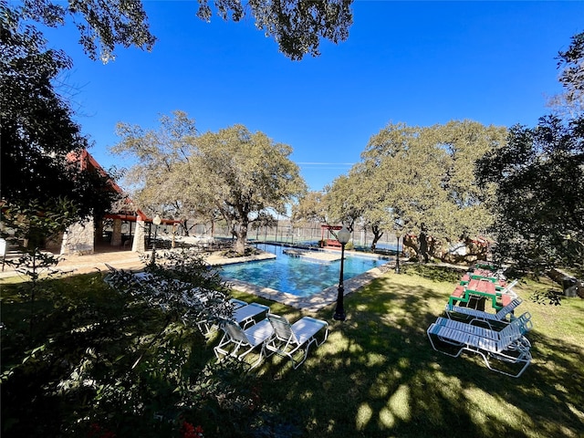 view of swimming pool with a yard and a patio area