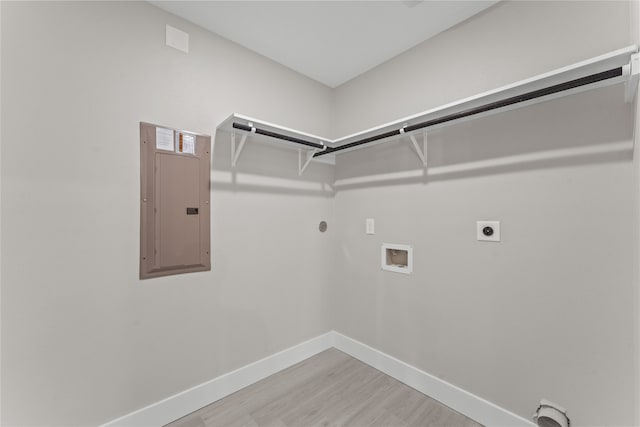 laundry area with hardwood / wood-style floors, electric dryer hookup, washer hookup, and electric panel