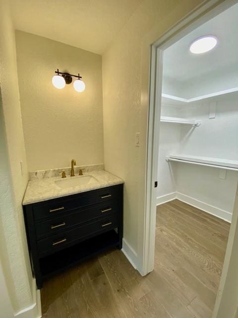 bathroom with hardwood / wood-style flooring and vanity