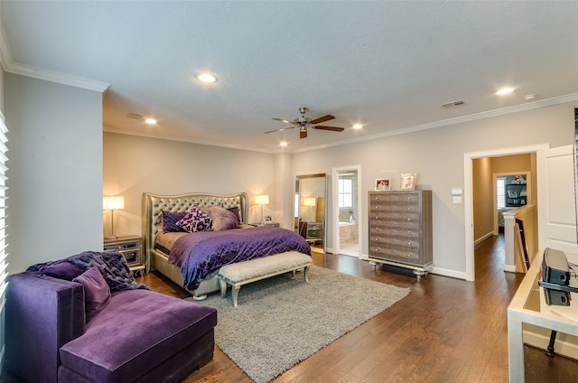 bedroom with crown molding, dark hardwood / wood-style floors, and ceiling fan