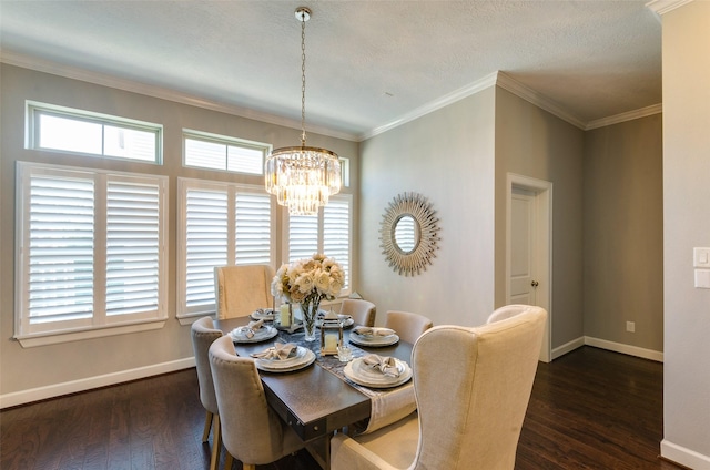 dining space featuring crown molding, a textured ceiling, a notable chandelier, and dark hardwood / wood-style flooring