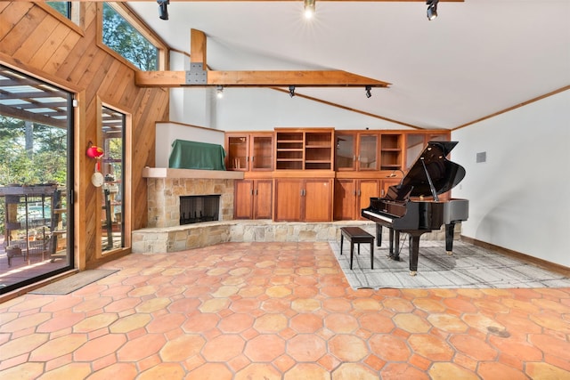 miscellaneous room with a stone fireplace, high vaulted ceiling, beam ceiling, and wood walls