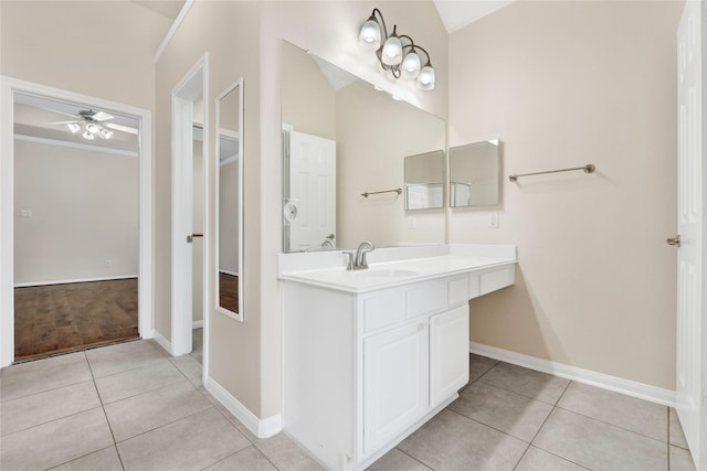 bathroom featuring vanity, tile patterned floors, and ceiling fan