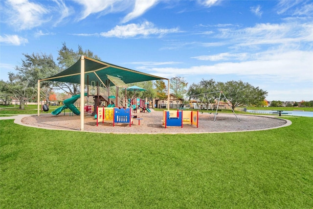 view of jungle gym with a lawn