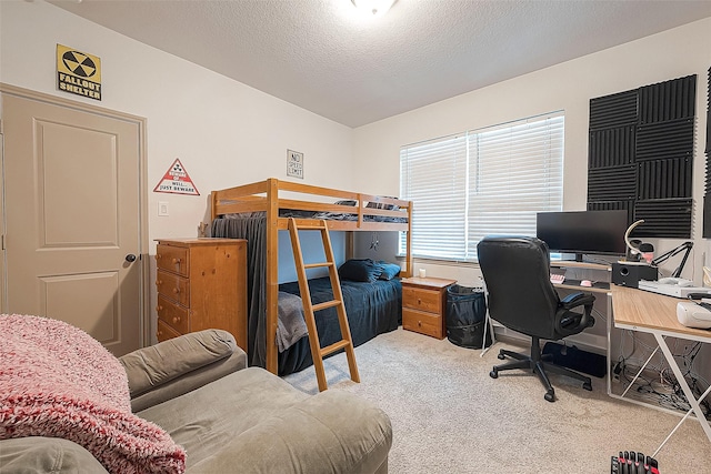 carpeted bedroom with multiple windows and a textured ceiling