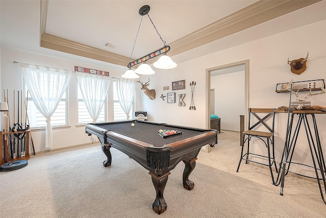 playroom with crown molding, a tray ceiling, billiards, and light colored carpet