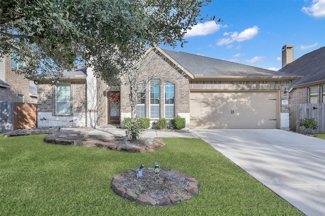 ranch-style home featuring a garage and a front lawn