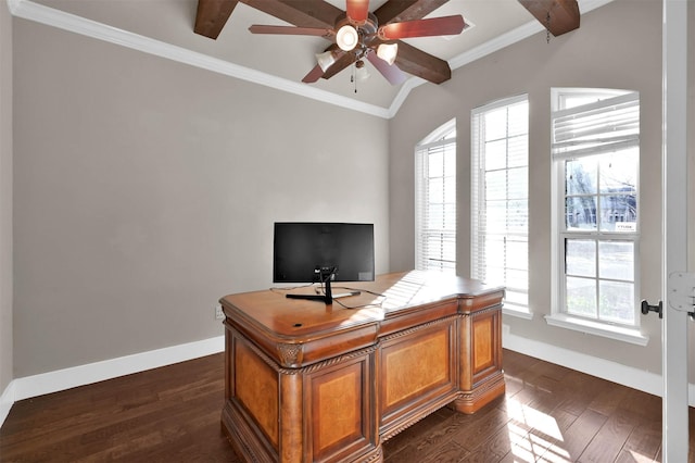 home office featuring lofted ceiling, crown molding, dark wood-type flooring, and ceiling fan