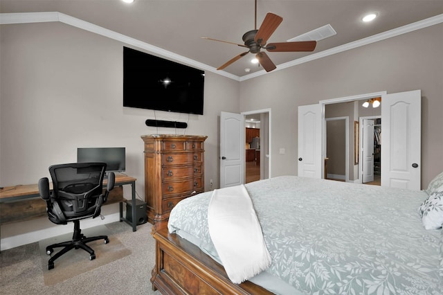 bedroom featuring crown molding, a spacious closet, light colored carpet, a closet, and ceiling fan