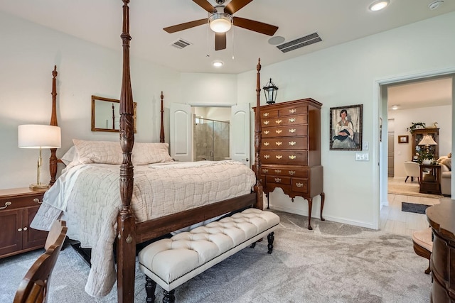 bedroom featuring light carpet, visible vents, and recessed lighting