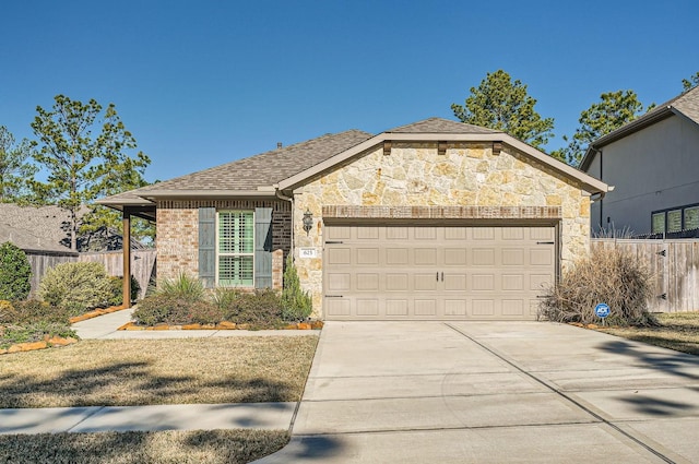 view of front of home with roof with shingles, an attached garage, fence, stone siding, and driveway