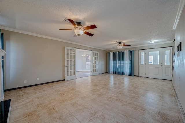 interior space with ceiling fan with notable chandelier, ornamental molding, french doors, and a textured ceiling