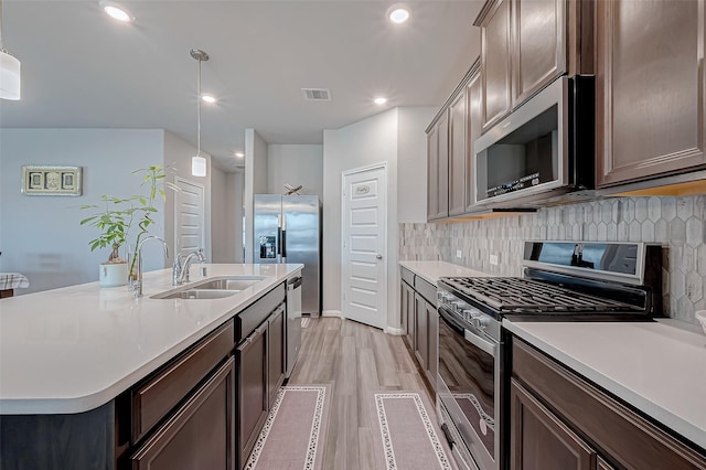 kitchen featuring sink, hanging light fixtures, a center island with sink, light wood-type flooring, and stainless steel appliances