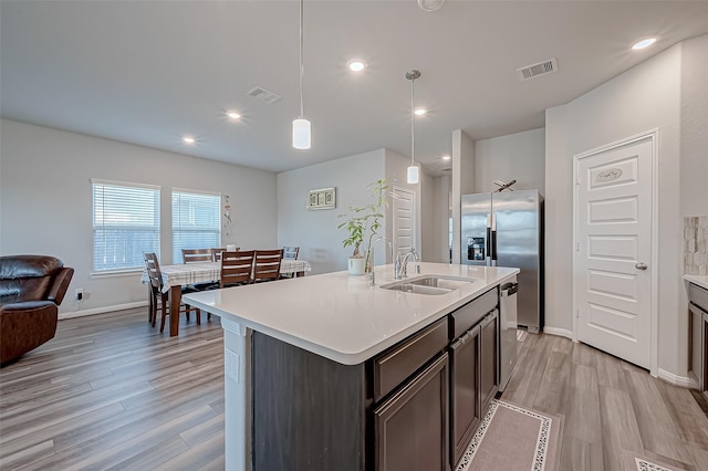 kitchen featuring pendant lighting, sink, appliances with stainless steel finishes, dark brown cabinets, and an island with sink