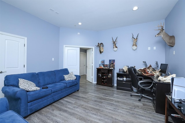 office space featuring hardwood / wood-style floors