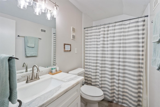 bathroom with vanity, lofted ceiling, and toilet