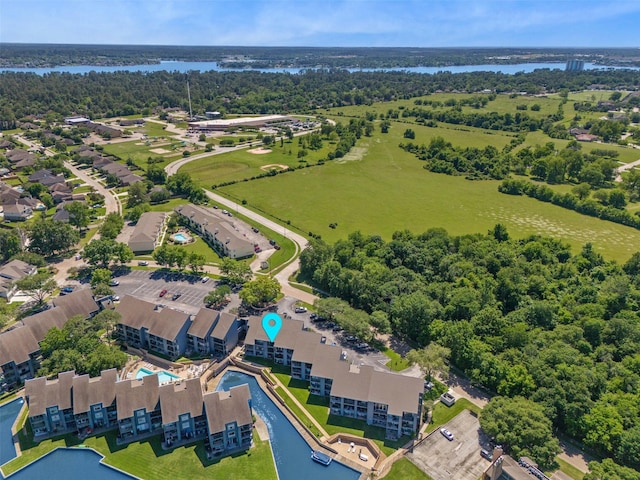 drone / aerial view with a water view