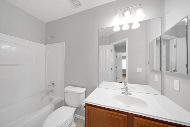 full bath featuring bathtub / shower combination, toilet, vanity, and visible vents