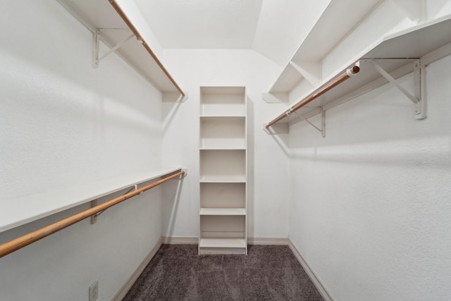 spacious closet featuring lofted ceiling and dark carpet