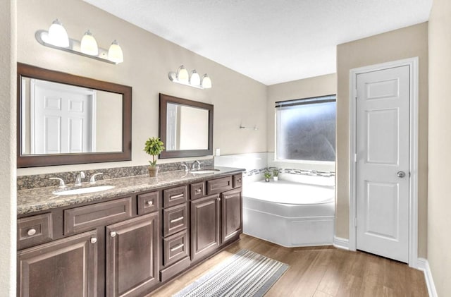 bathroom with hardwood / wood-style flooring, vanity, and a tub