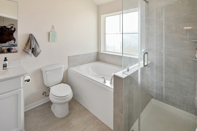 full bathroom with vanity, tile patterned flooring, toilet, and separate shower and tub