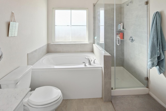 bathroom featuring toilet, separate shower and tub, and tile patterned flooring