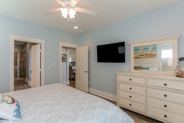 bedroom with ceiling fan, wood-type flooring, and connected bathroom